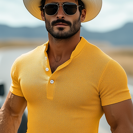 Men's Spring And Summer Fashion Casual Western Style Henley Collar Slim Fit Knit Short Sleeve T-Shirt DTT25060623