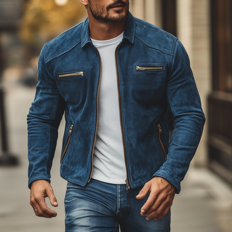 Men's Vintage Solid Suede Lapel Zipper Placket Zipper Pocket Slim Fit Jacket DTT25081202