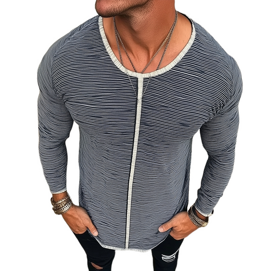 Men's Retro Casual Striped Printed Round Neck Long Sleeve T-Shirt 9893975425208