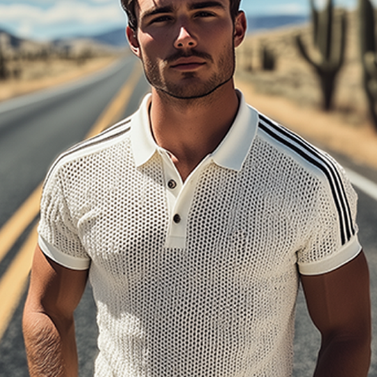 Men's Spring And Summer Fashion Casual Knitted Patchwork Striped Short-sleeved Polo Shirt DTT25070118