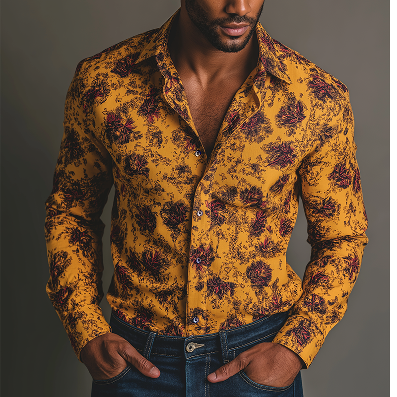 Men's Retro Casual Floral Print Lapel Long Sleeve Shirt DTT25082023