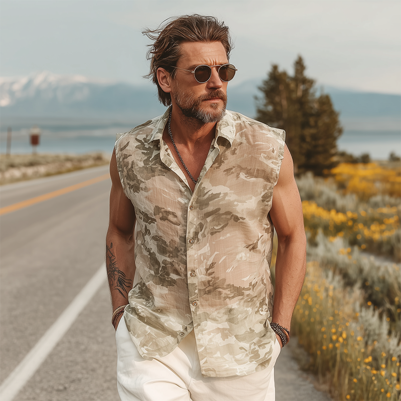 Men's Summer Fashion Casual Chiffon Slightly Transparent Sexy Camouflage Print Sleeveless Shirt DTT25070908