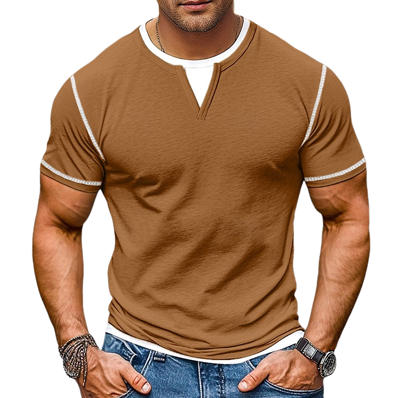 Men's Contrast Color V-Neck Cotton Blend Short Sleeve T-Shirt DTT25072408