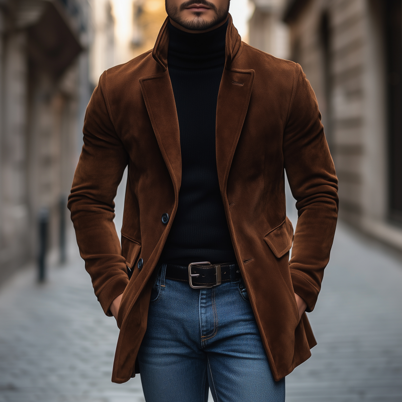 Men's Vintage Solid Color Faux Suede Notch Lapel Single-Breasted Loose Coat DTT25082812