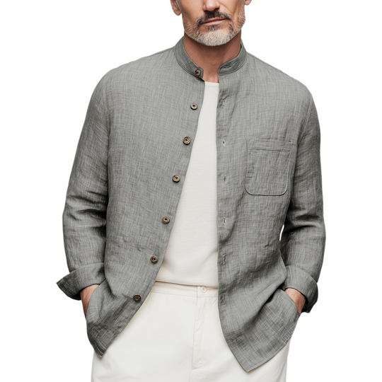Men's Classic Casual Stand-up Collar Cotton And Linen Wooden Button Long-sleeved Shirt DTT25073016