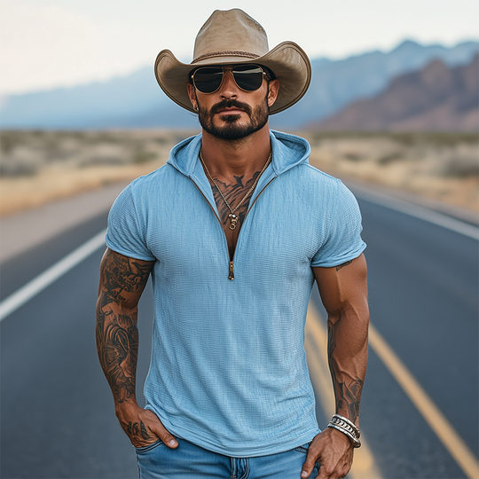 Men's Casual Classic American Western Tough Guy Style Waffle Hooded V-neck Slim Short-sleeved T-shirt DTT25053014