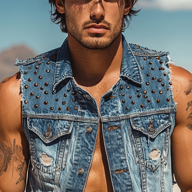 Men's Rivet Lapel Denim Single Breasted Vest DDT25052816
