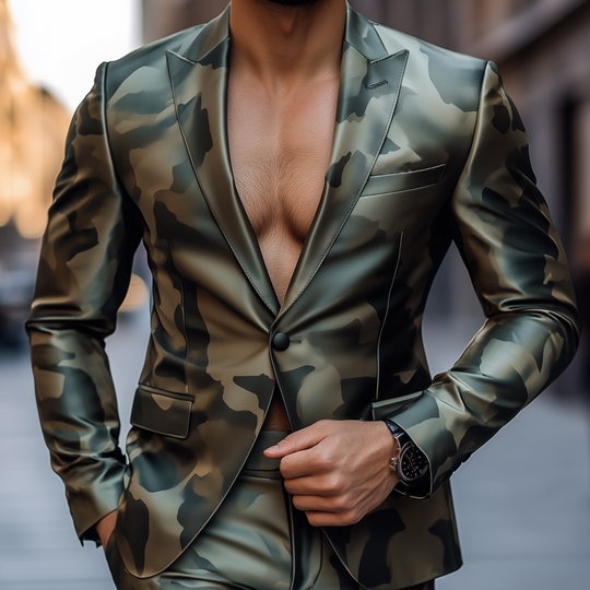 Men's Vintage Camouflage Print Satin Peak Lapel Single Breasted Slim Fit Blazer DTT25080107