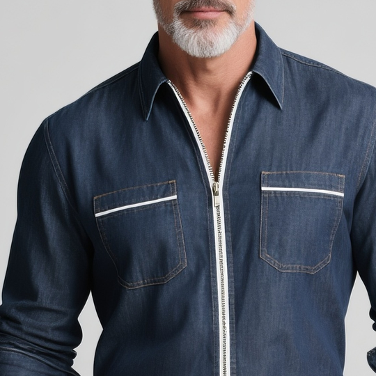 Men's Fashion White Trim Lapel Long Sleeve Denim Shirt DTT25072917