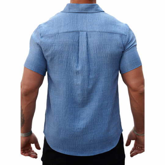 Men's Casual Cotton Linen Pleated Colorblock Lapel Slim Fit Short Sleeve Shirt DTT25060312