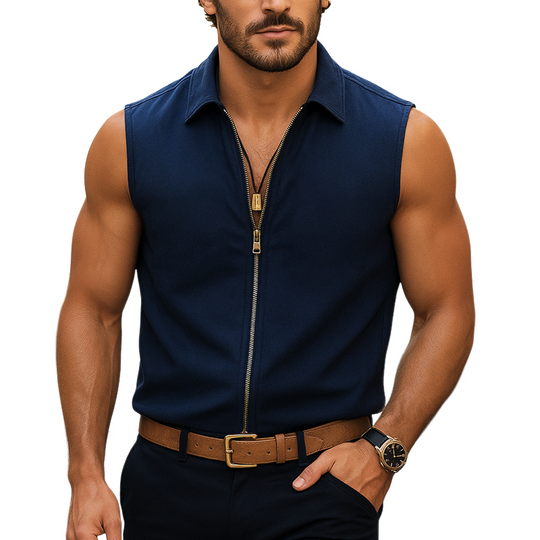 Men's Solid Lapel Sleeveless Zipper Tank Top DTT25071002