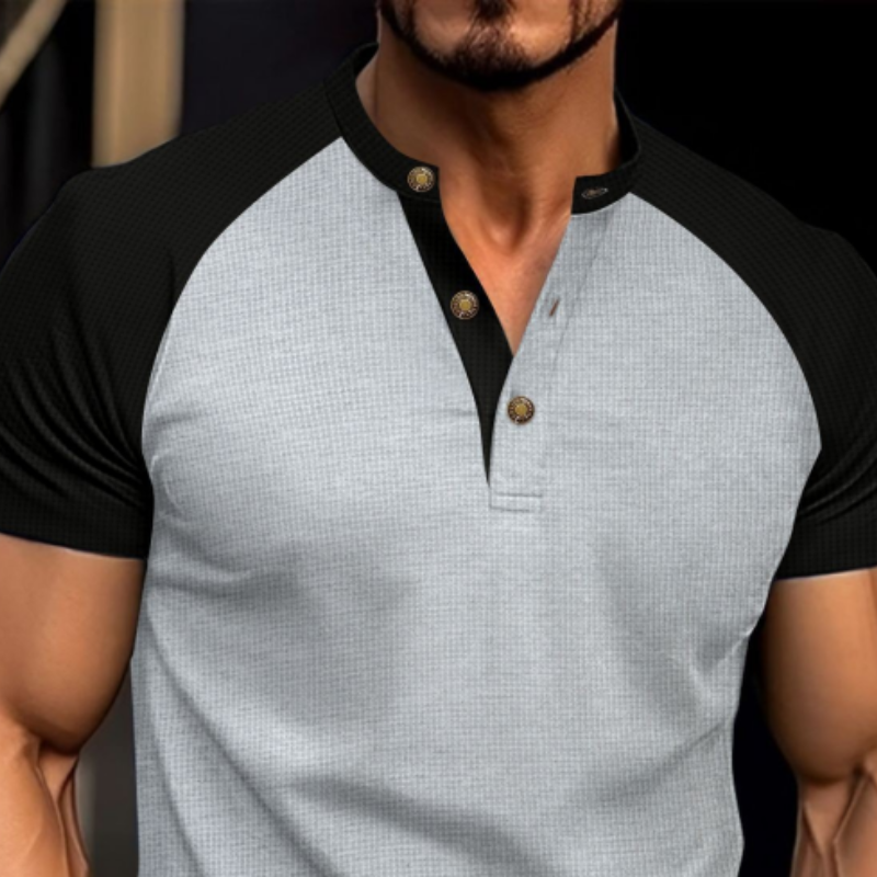 Men's Casual Colorblock Waffle Henley Collar Raglan Short Sleeves T-shirt 9892391649464