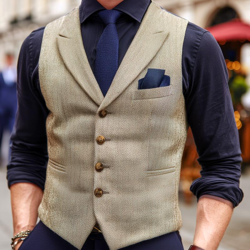 Men's Vintage Wool Blend Herringbone Lapel Single-Breasted Slim-Fit Suit Vest DTT25082912