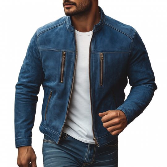 Men's Vintage Solid Suede Stand Collar Zipper Placket Slim Fit Multi-Pocket Jacket DTT25081207