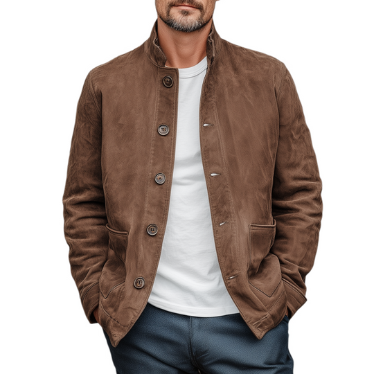 Men's Retro Casual Thin Suede Wooden Button Stand Collar Jacket DTT25080117