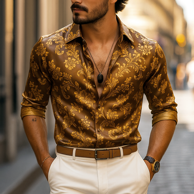 Men's Vintage Print Lapel Long Sleeve Shirt DTT25070817