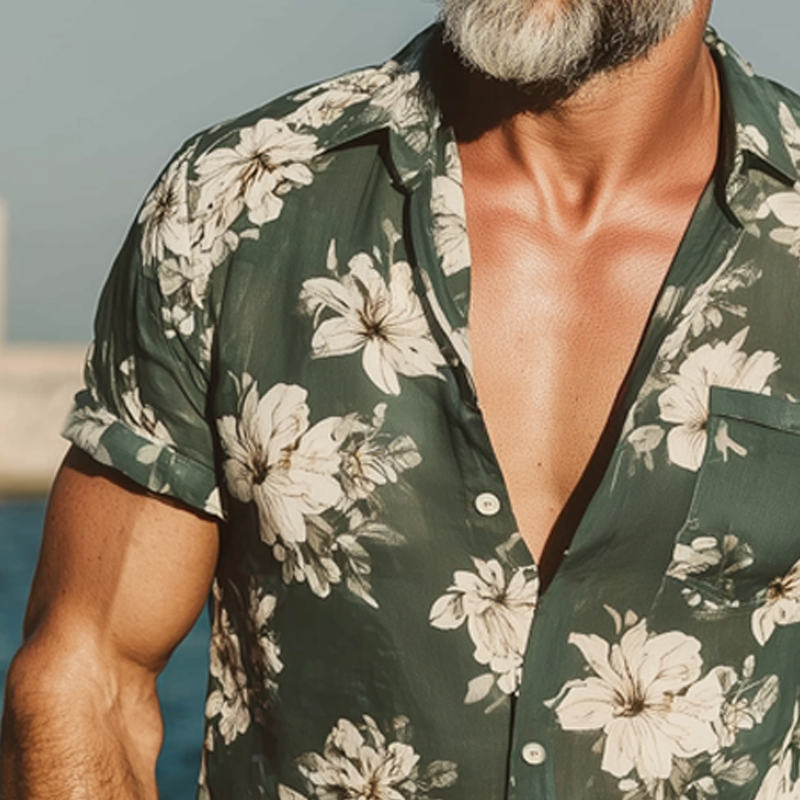Men's Summer Light Chiffon Floral Print Short Sleeve Shirt DTT25071006