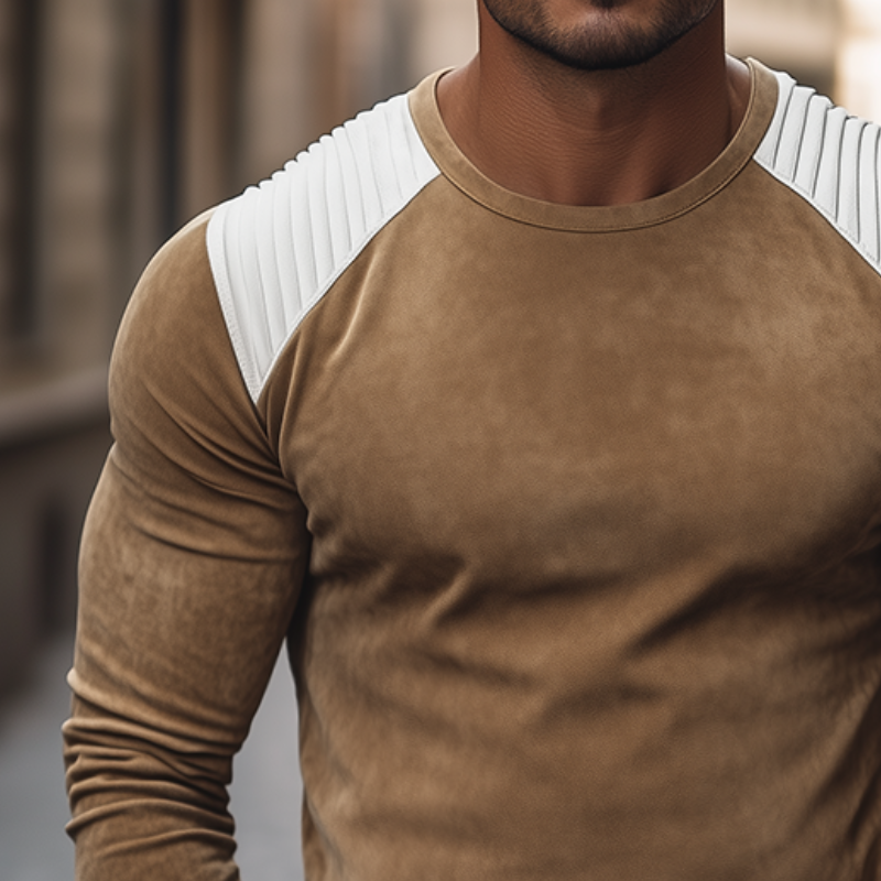 Men's Retro Casual Suede Pleated Round Neck Long Sleeve T-shirt DTT25082710