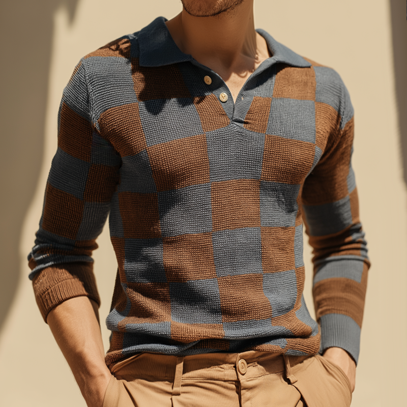 Men's Retro Casual Checkered Colorblock Knitted Long Sleeve Polo Shirt DTT25090420
