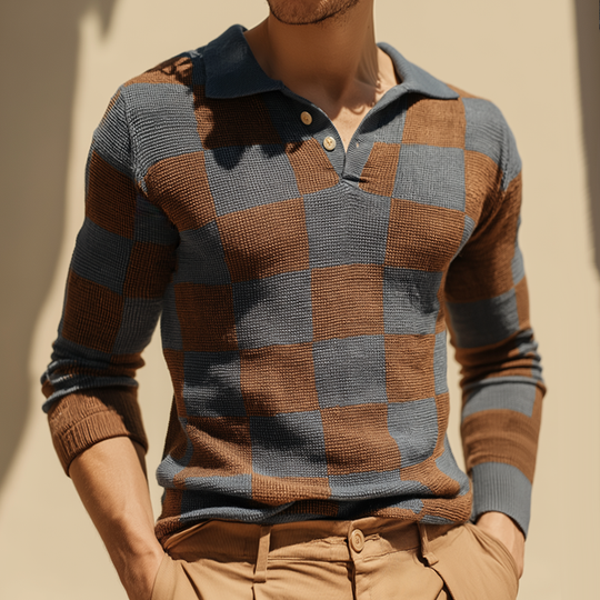 Men's Retro Casual Checkered Colorblock Knitted Long Sleeve Polo Shirt DTT25090420