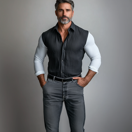Men's Turndown Collar Contrast Color Fold Long Sleeve Shirt 9899608670392