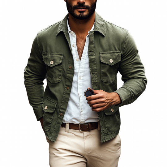 Men's Casual Breathable Cotton Washed Distressed Lapel Single-breasted Multi-pocket Work Jacket DTT25081306