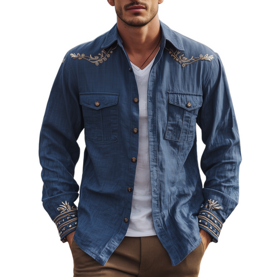 Men's Classic Casual Western Cowboy Style Embroidered Cotton And Linen Blend Long-sleeved Shirt DTT25080420