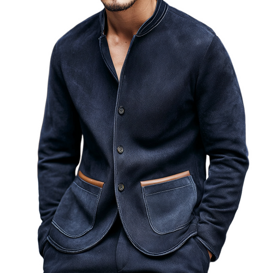 Men's PU Splicing Pocket Faux Suede Stand Collar Single Breasted Casual Jacket DTT25082518