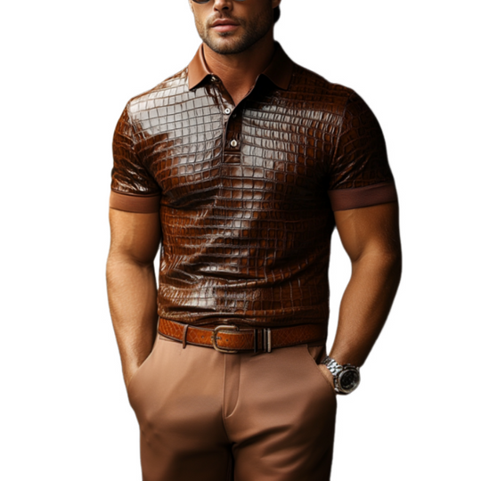 Men's Retro Casual Slim Fit Textured Leather Short Sleeve POLO Shirt 9899714150584