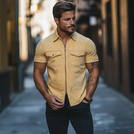 Men's Classic Casual Slim Lapel Multi-Pocket Suede Short Sleeve Shirt 9903595225272