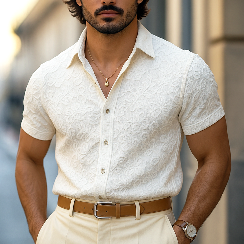 Men's Solid Color Jacquard Lapel Short Sleeve Shirt DTT25070405