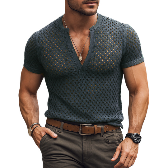 Men's Solid Hollow Knit Henley Collar Short Sleeve T-shirt DTT25062313
