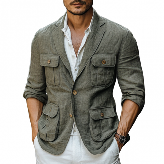 Men's Casual Breathable Linen Cuban Collar Multi-pocket Slim Fit Safari Jacket DTT25060507