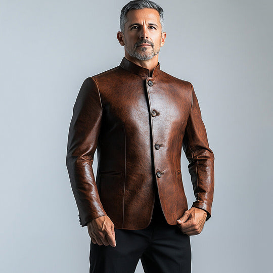 Men's Retro Stand Collar Single Breasted Long Sleeve PU Leather Jacket 9899605885112