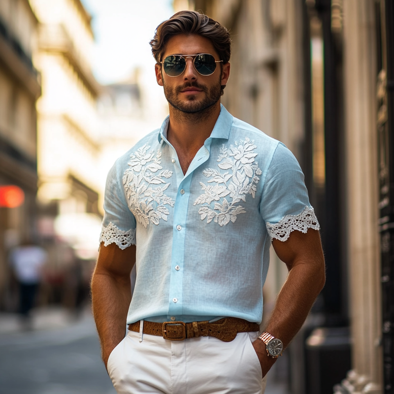 Men's Floral Embroidered Lapel Short Sleeve Shirt DTT25060520