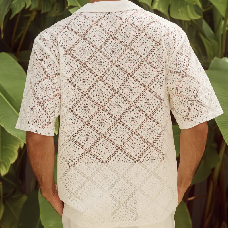 Men's Spring And Summer Fashion Casual Lace Slightly Transparent Sexy Short-sleeved Shirt DTT25070801