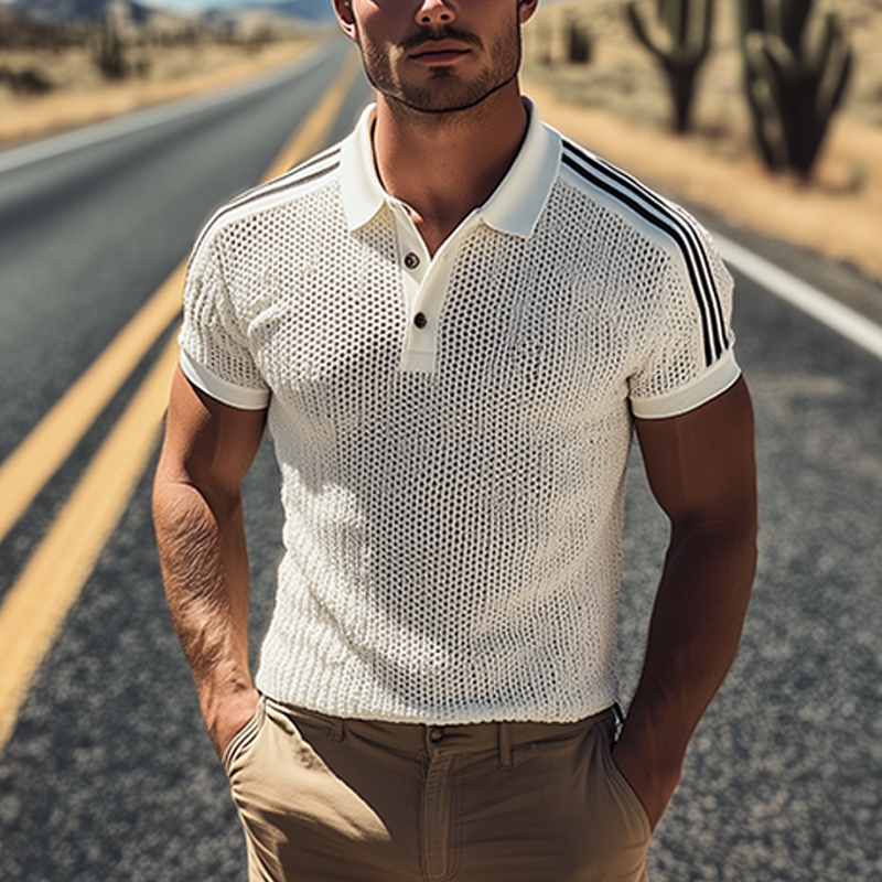 Men's Spring And Summer Fashion Casual Knitted Patchwork Striped Short-sleeved Polo Shirt DTT25070118