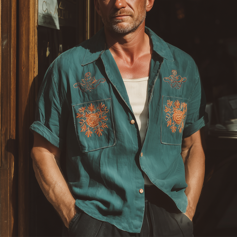Men's Summer Retro Contrast Embroidery Short Sleeve Shirt DTT25061806