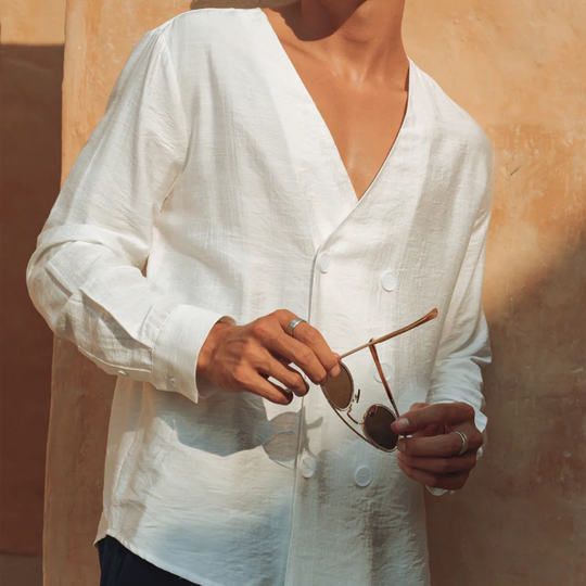 Men's Fashion Casual Tencel Cotton V-neck Double Breasted Long Sleeve Shirt DTT25071701