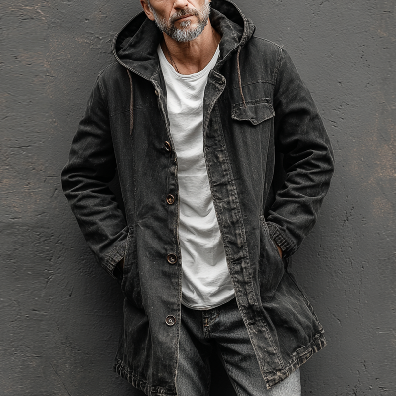 Men's Washed Cotton Hooded Single Breasted Mid Length Coat DTT25082034