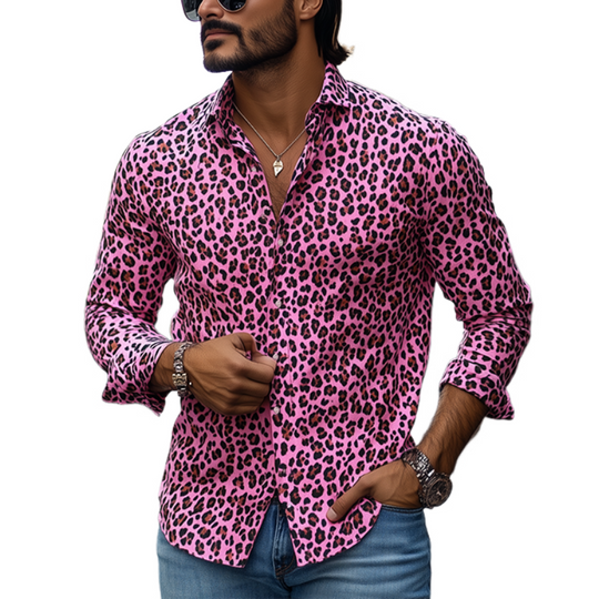Men's Fashion Casual Leopard Print Slim Fit Long Sleeve Shirt 9911545430200