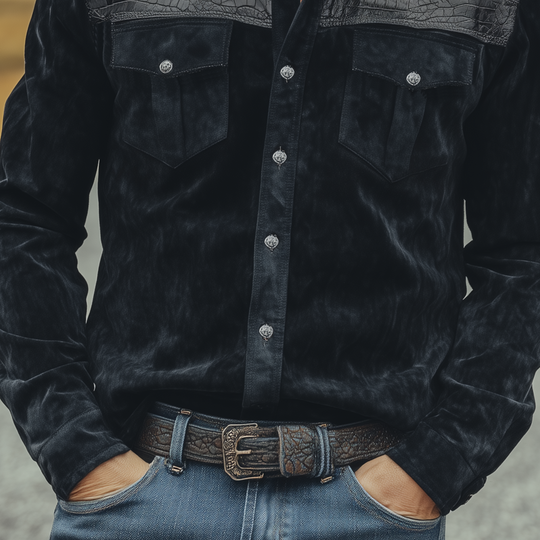 Men's Classic Retro Western Cowboy Style Suede And Textured Leather Long-sleeved Shirt DTT25081318