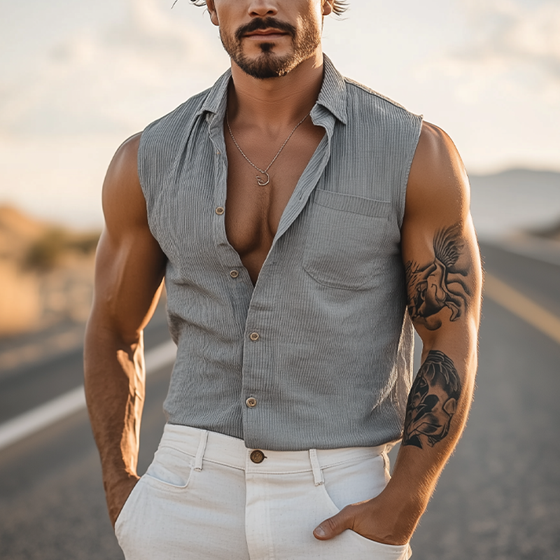Men's Classic Casual American Retro Tough Guy Style Knitted Striped Slim Sleeveless Shirt DDT25052820