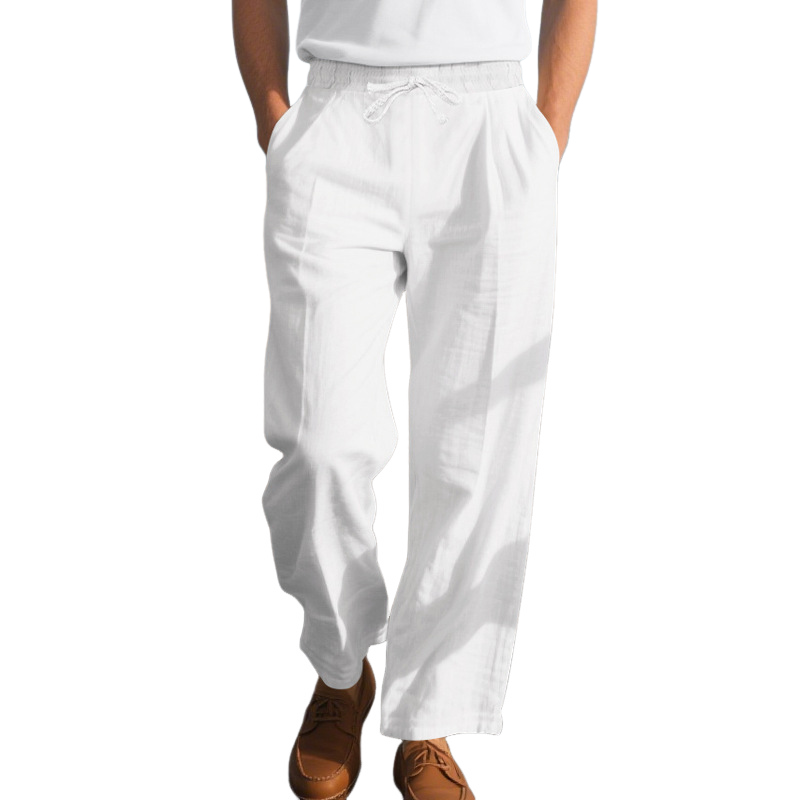 Men's Cotton And Linen Solid Color Elastic Waist Casual Pants DTT25072814