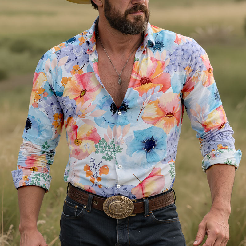 Men's Hawaiian Floral Print Long Sleeve Lapel Shirt Dtt795803320