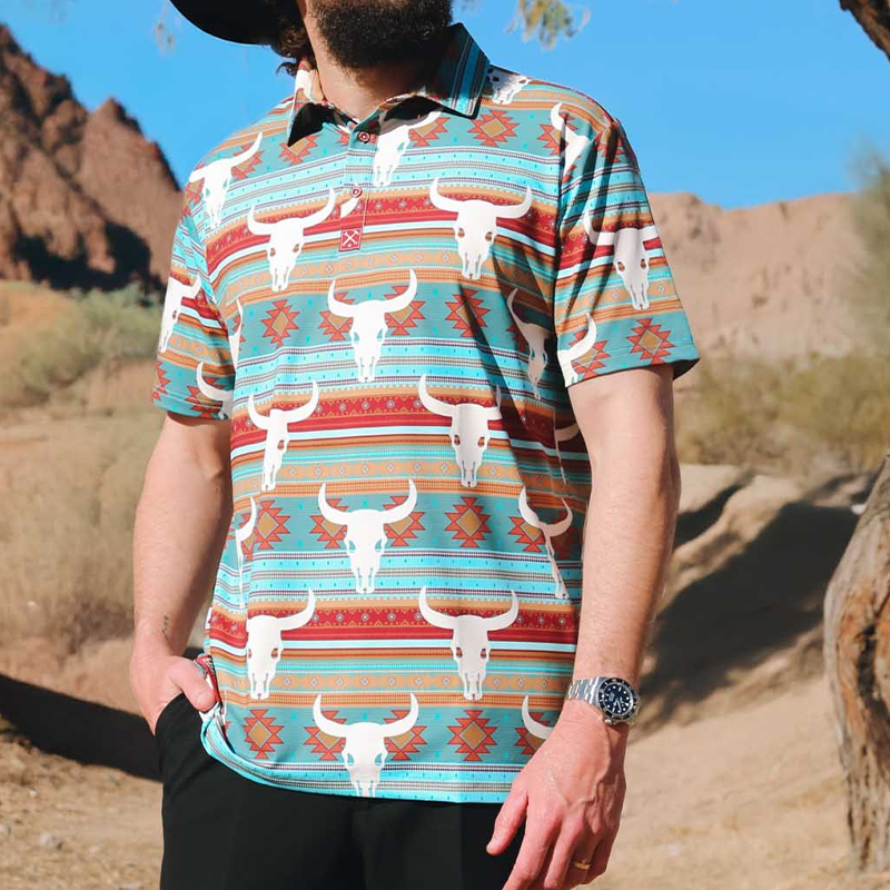 Men's Western Cowboy Style Printed Short-Sleeved Polo Shirt DTT25062704