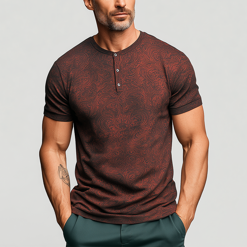 Men's Summer Fashion Personalized Printed Polyester Blended Short Sleeve Henley Shirt DTT25062006