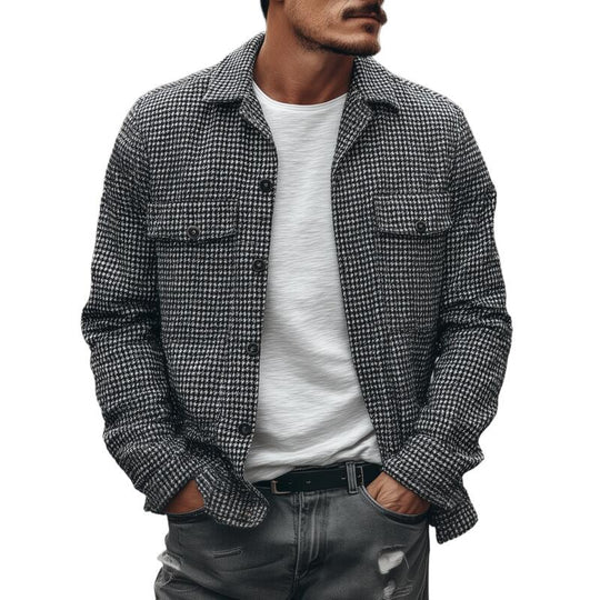 Men's Vintage Houndstooth Lapel Single-Breasted Flap Chest Pocket Loose Long Sleeve Shirt Jacket DTT25082720