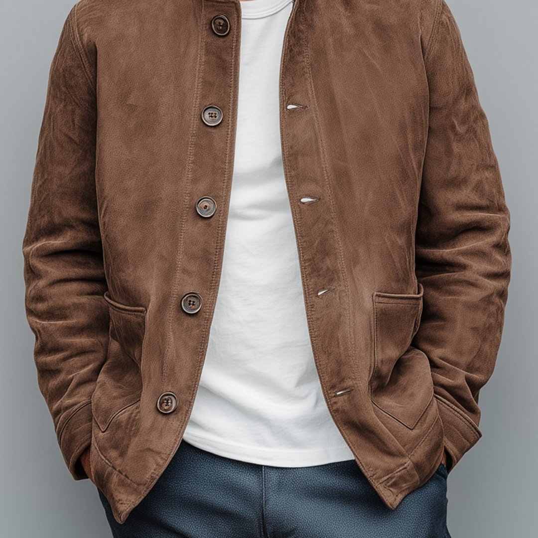 Men's Retro Casual Thin Suede Wooden Button Stand Collar Jacket DTT25080117