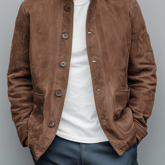 Men's Retro Casual Thin Suede Wooden Button Stand Collar Jacket DTT25080117